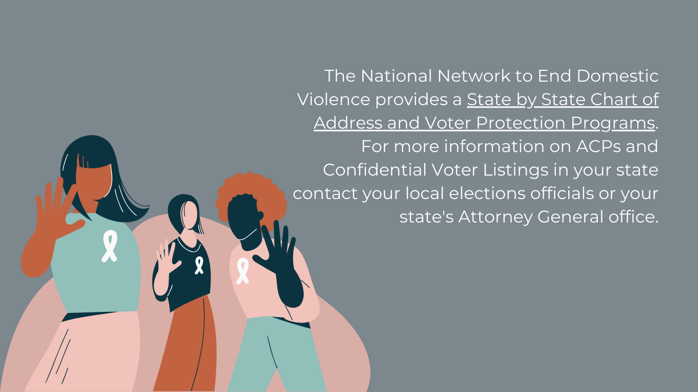 The National Network to End Domestic Violence provides a State by State Chart of Address and Voter Protection Programs.  For more information on ACPs and Confidential Voter Listings in your state contact your local elections officials or your state's Attorney General office.